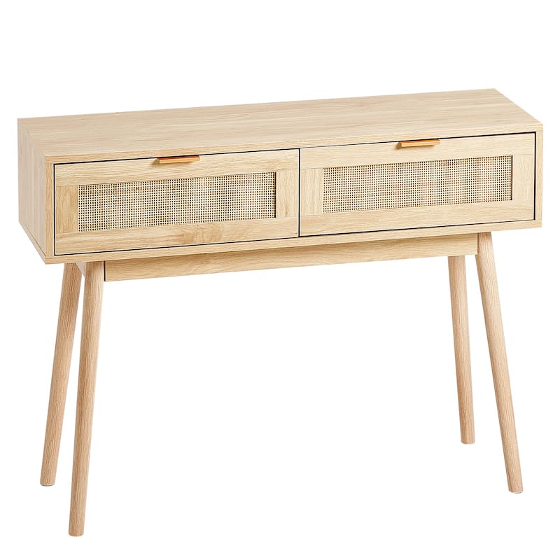 Rattan Console Table with 2 Storage Drawers, Rattan Entryway Table with Natural Rattan Sliding Door, Console Sofa Table