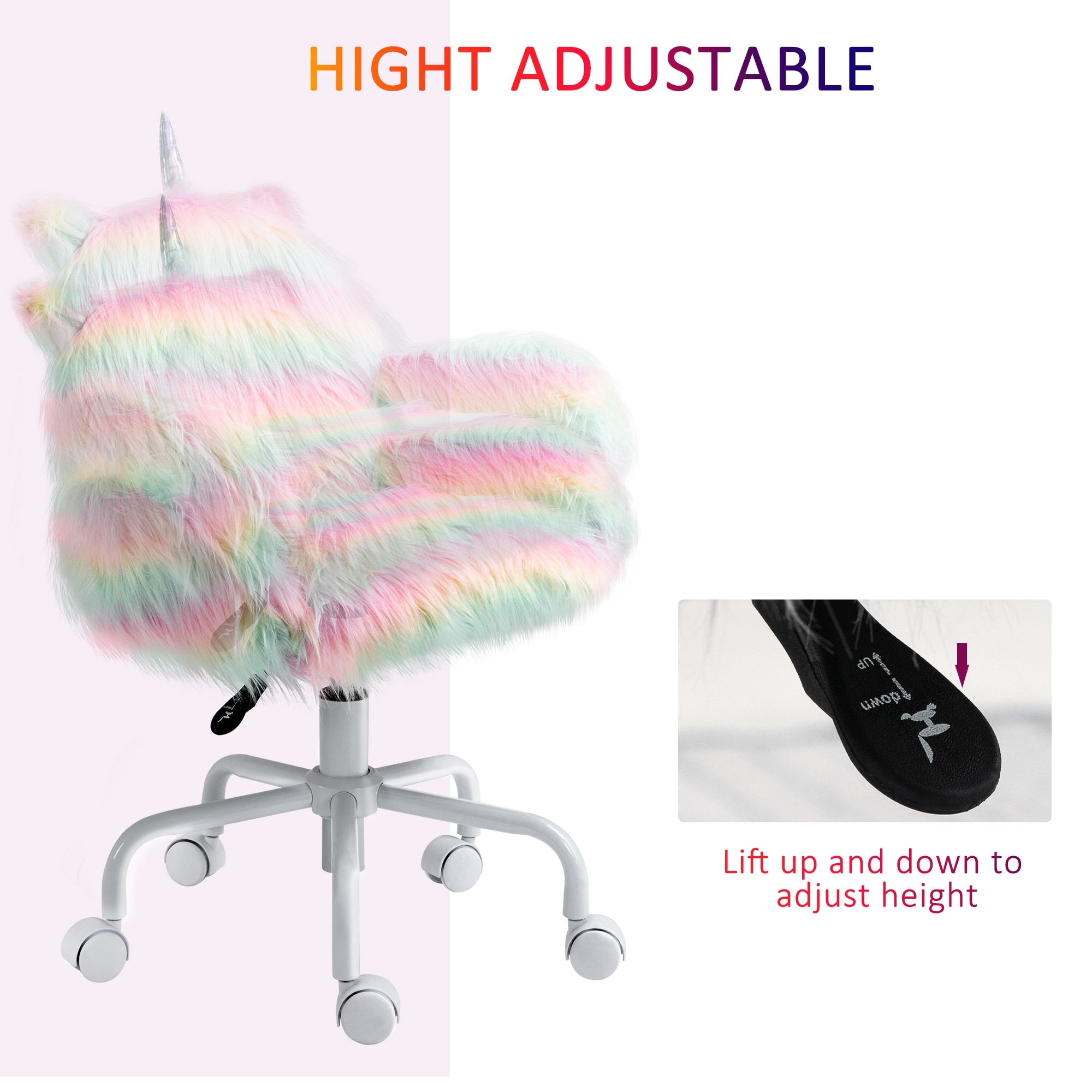 Homcom Fluffy Unicorn Office Chair With Mid Back And Armrest Support 5 Star Swivel Wheel White Base Rainbow Multi Colored Overstock 32819227