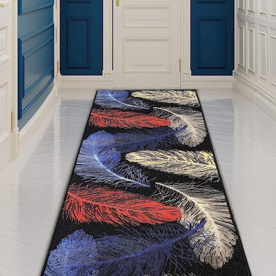 Custom Size Feather Design Brown,Gray Color Non-Slip Rubber Backing-26 Inch WidexYour Choice of Length Runner Rug