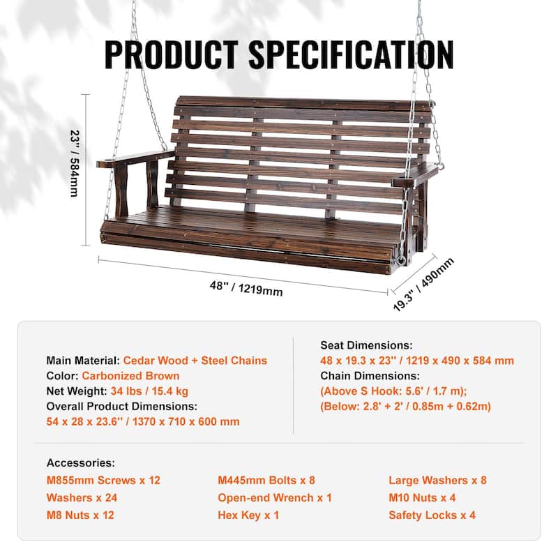 Carbonized Brown Cedar Wood Porch Swing with Chains and 880lb Load Capacity - 54” L x 28” W x 23.6” H