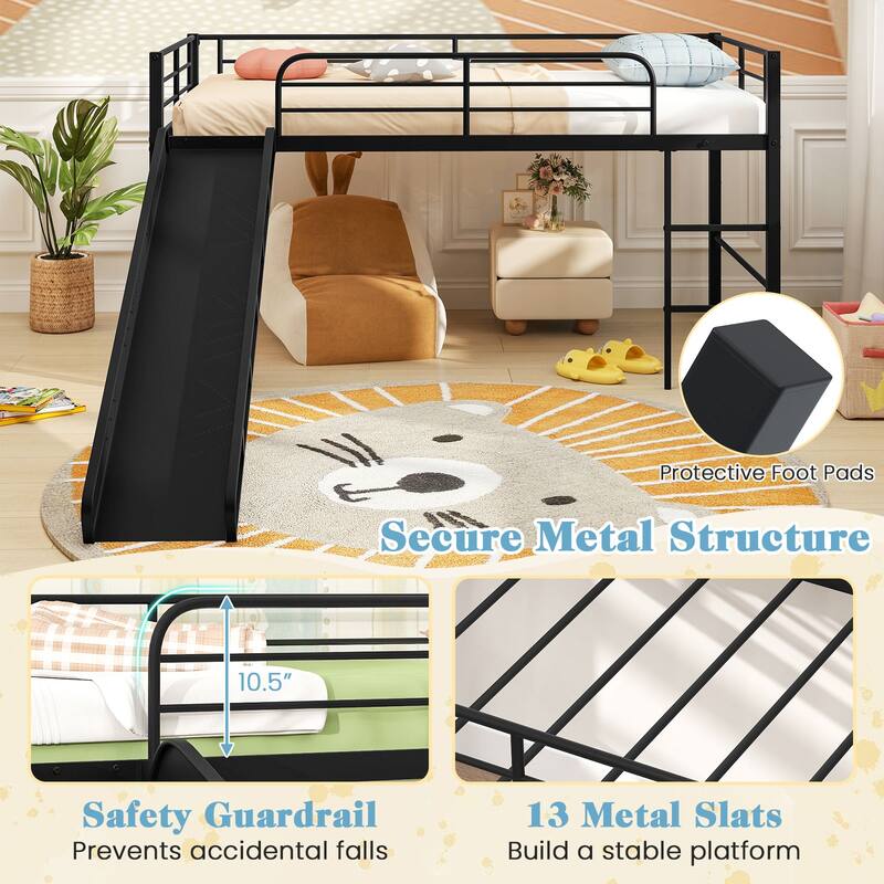 Gymax Twin Metal Loft Bed with Slide Guardrails Built-in Ladder Low