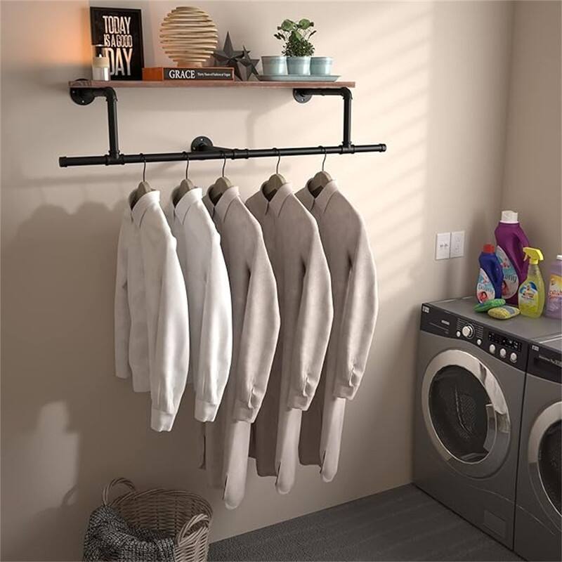 36In Industrial Pipe Clothing Rack with Top Shelf - 11.02"D x 44.88"W x 9.05"H