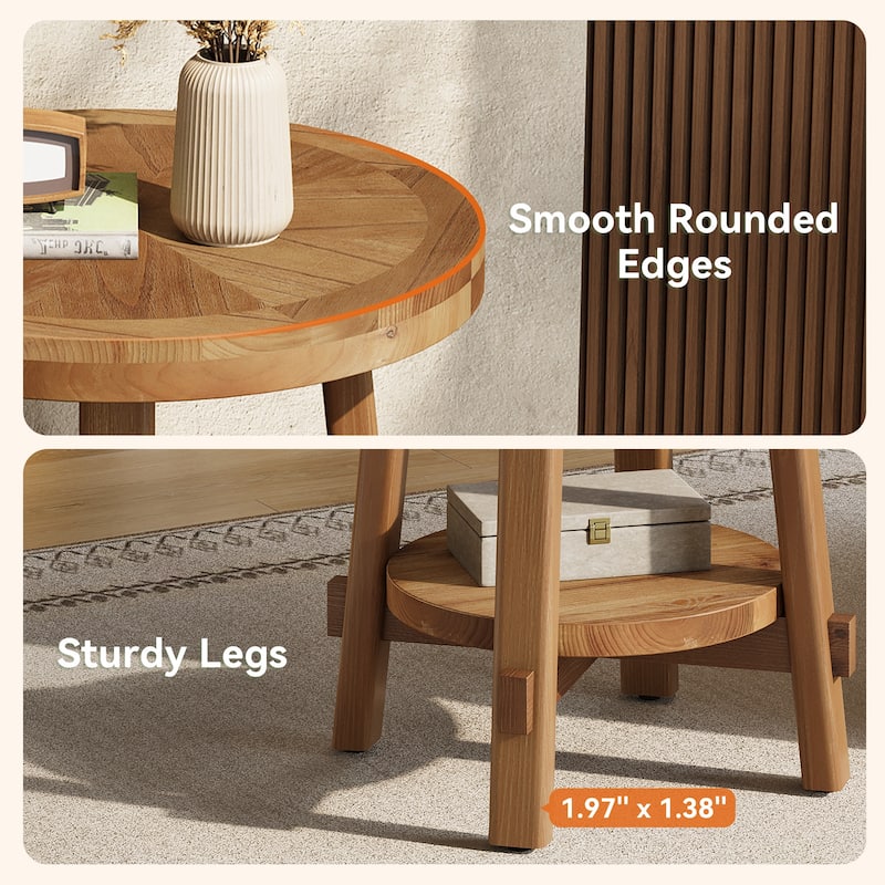Round Side Table, Solid Wood 2 Tier End Table for Living Room