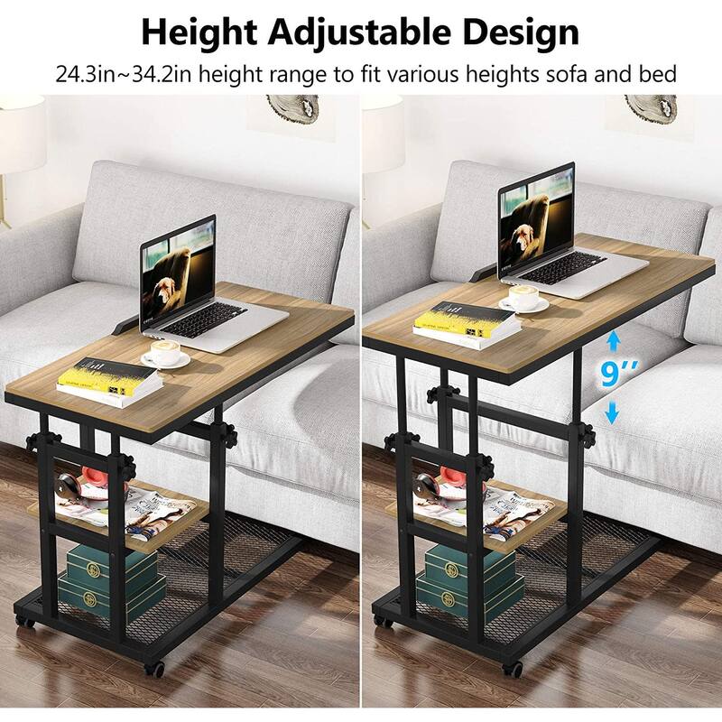 Height Adjustable C Side Table with Wheels, Sofa Bedside Laptop Desk