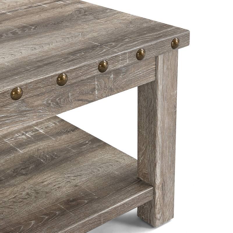 47" Rustic Distressed 2-Tier Coffee Table with Rivet Design
