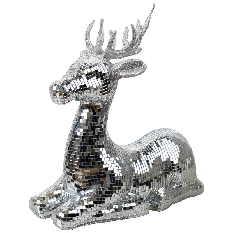 Mirrored and Glittered Sitting Deer Christmas Figure - 14.25" - Silver