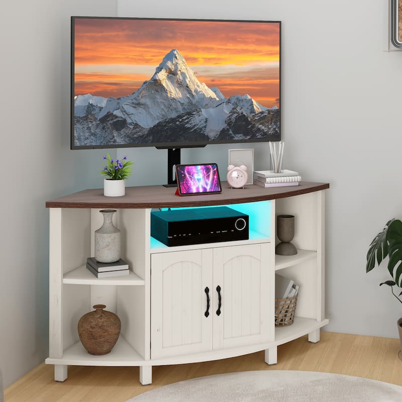 Moasis Farmhouse Corner TV Stand and Entertainment Center with Mount for Living Room - Walnut Top/Off White
