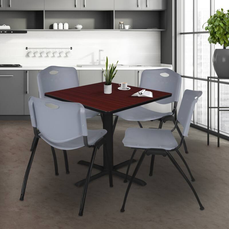 48" Square Breakroom Table- Mahogany & 4 'M' Stack Chairs- Grey - Grey, Mahogany - 48