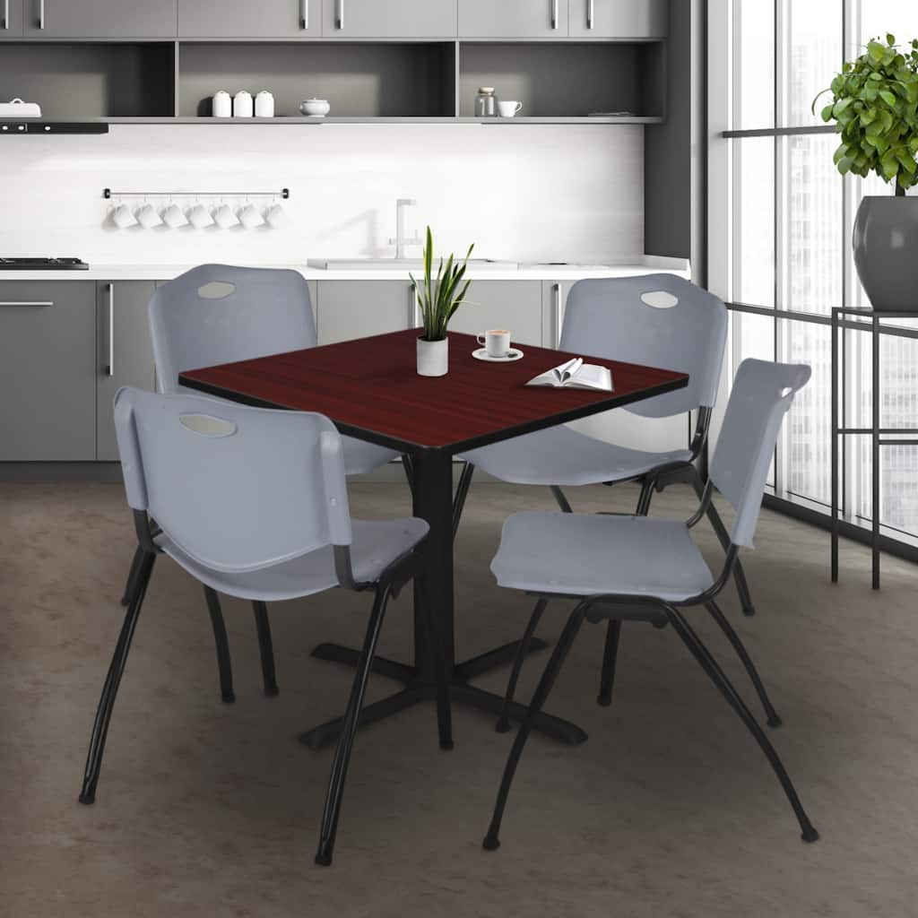 48" Square Breakroom Table- Mahogany & 4 'M' Stack Chairs- Grey - Grey, Mahogany - 48