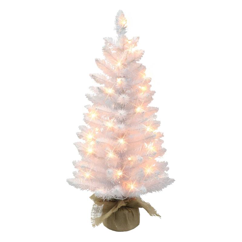 Pre-lit Artificial White Pine Christmas Tree in Burlap Base - 3’ - Clear Light - 3 Foot