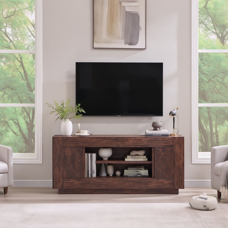 Modern TV Stand, Entertainment Center for TVs Up to 80", Thick Wood - Walnut