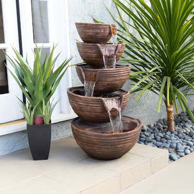 Alpine Corporation 34" Tall Outdoor 5-Tier Modern Bowl Cascading Waterfall Fountain with LED Lights