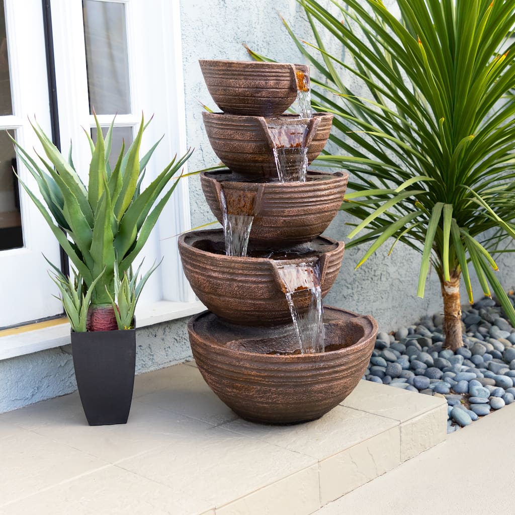 Alpine Corporation 34" Tall Outdoor 5-Tier Modern Bowl Cascading Waterfall Fountain with LED Lights