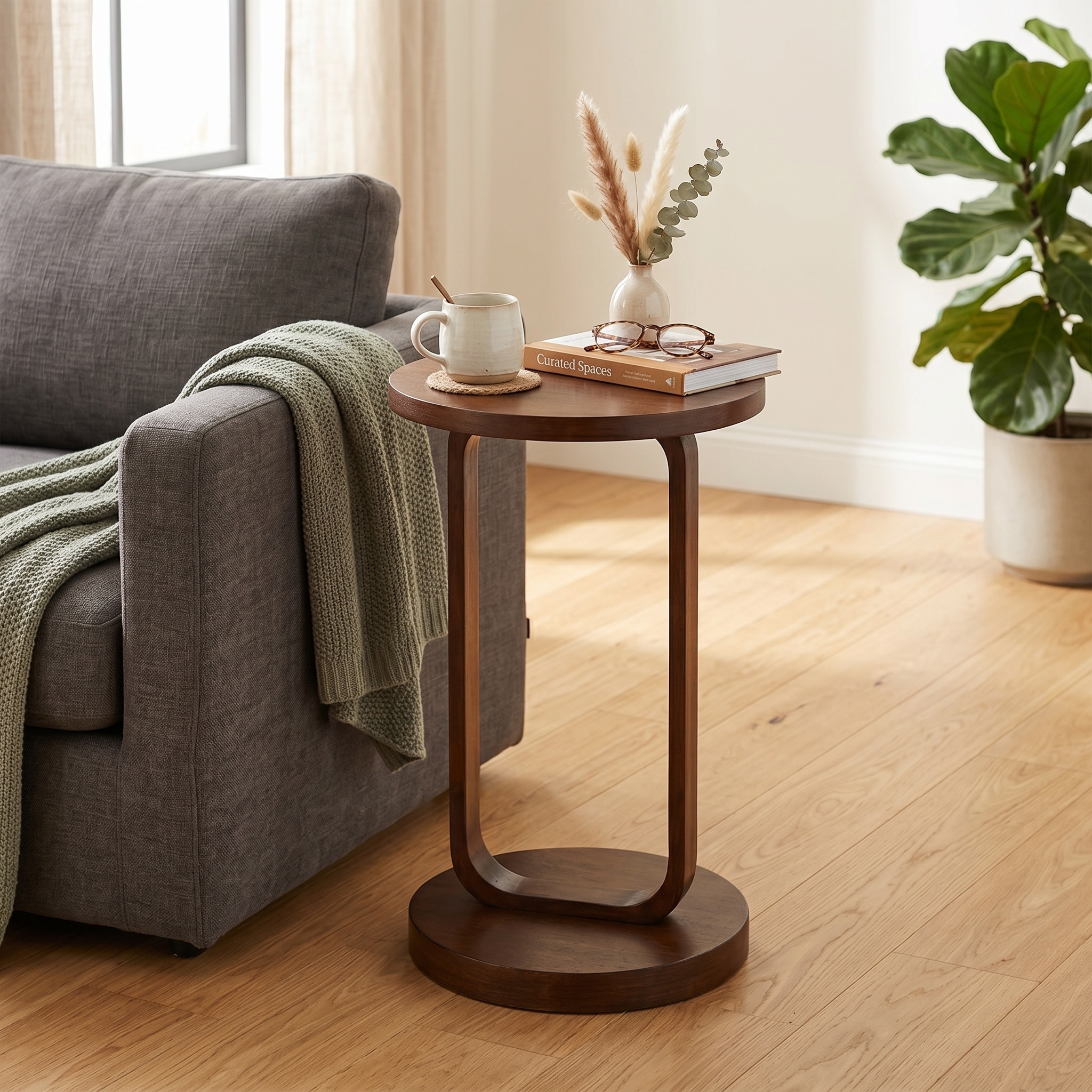 COZAYH Farmhouse Round End Table, Minimalist Small Drink Table with Open Base, Boho Tall Plant Stand, Natural Wood Color