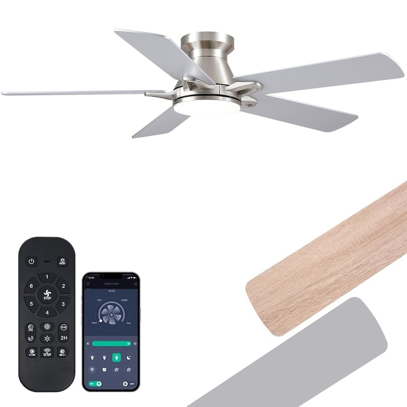 52 Inch Ceiling Fan with Light and Remote,Flush Mount Ceiling Fan,5 Dual Side Blades - 52 Inches