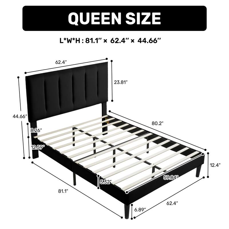 Upholstered Platform Bed Frame with Vertical Stripe Headboard