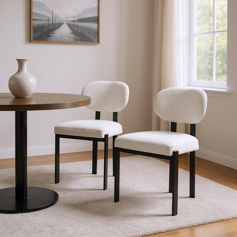 HomeRoots Set of Two White and Black Chenille And Metal Partially Open Back Dining Side Chairs - Set of 2 - 21.46 in. x 31.89 in.  x 19.29 in. - White