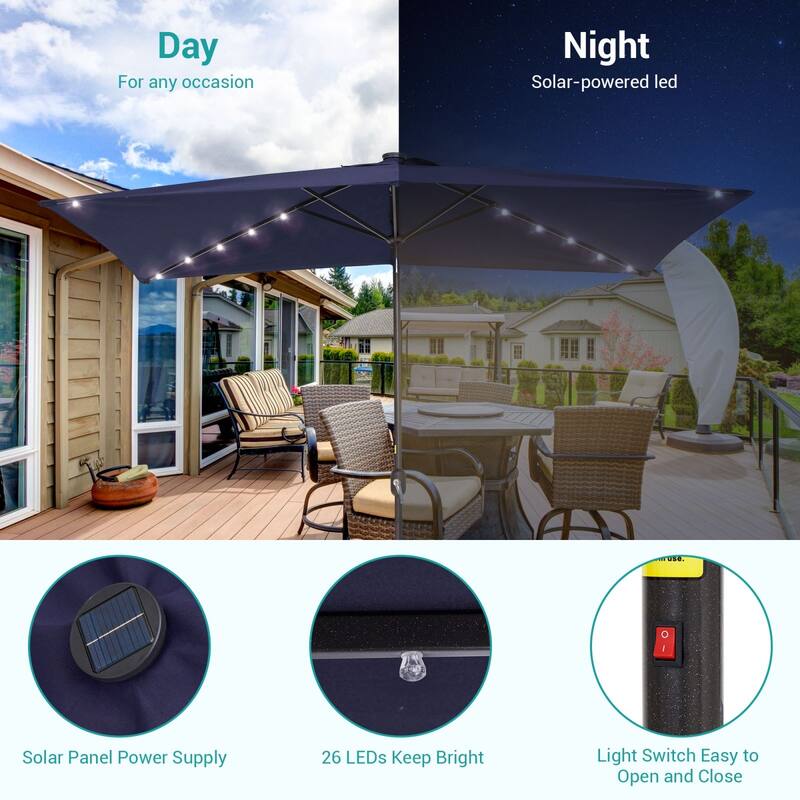 Bonosuki 10 x 6.5ft LED Patio Rectangular Umbrella Outdoor Market Umbrella Aluminium/Steel with Tilt and Crank