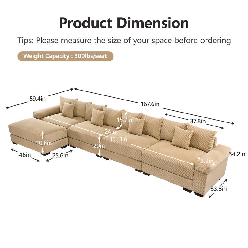 GDFStudio - Corduroy L-Shaped 4-Seater 167.6" Cloud Modular Sectional Couch with Ottoman