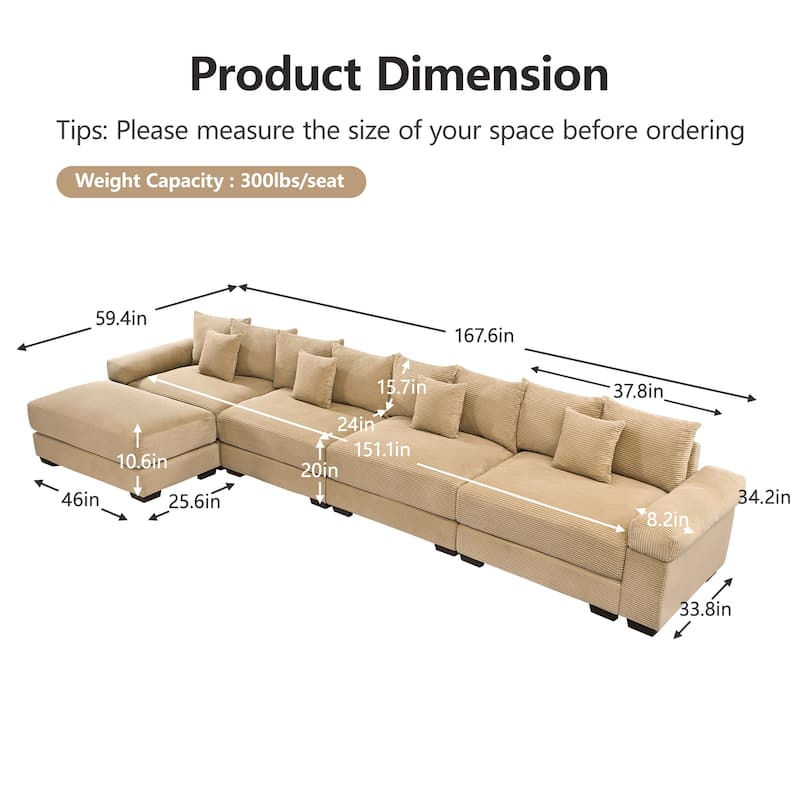 Roomfitters 130 Inch Modular Sectional Couch, Oversized Corduroy 3-Seater with Deep Seats, Camel