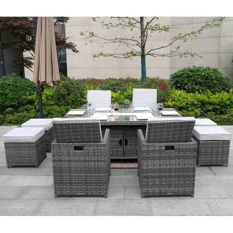 9-Piece Patio Wicker Rectangle Firepit Table with Chairs and Ottomans