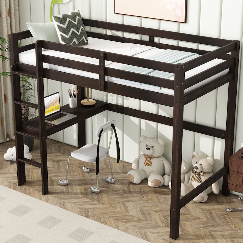 Twin High Loft Bed, Rubber Wood Loft Bed with Safety Guardrail built-in desk, ladder, Espresso