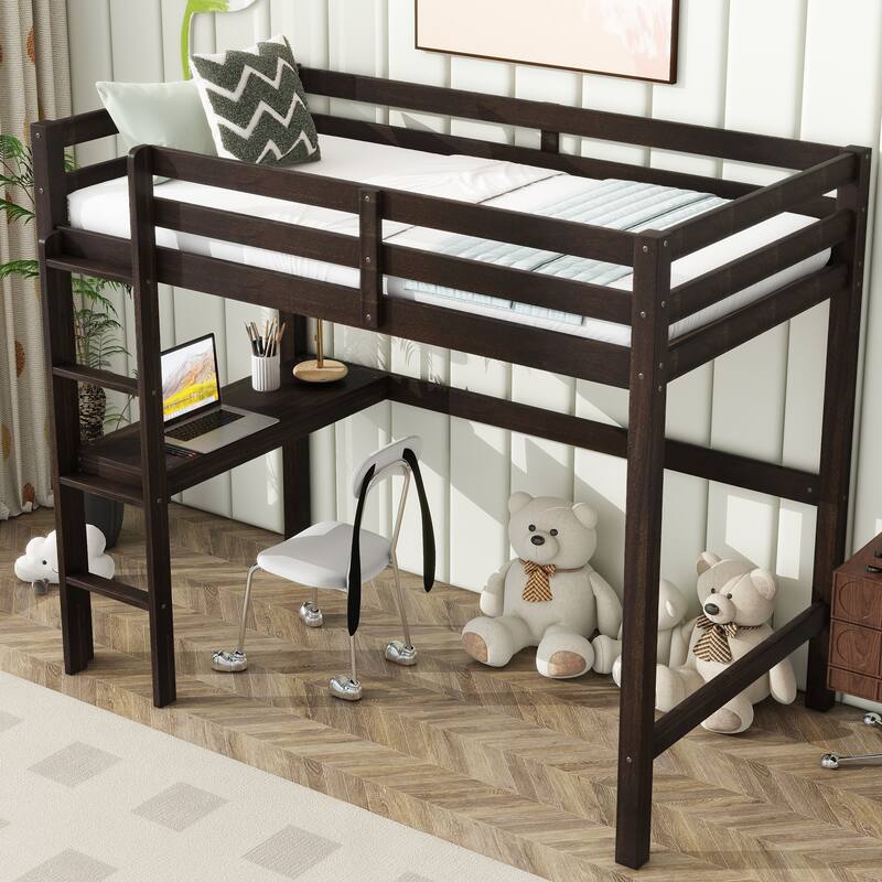 Twin High Loft Bed with Built-in Desk, Safety Guardrail, and Ladder, Espresso Finish