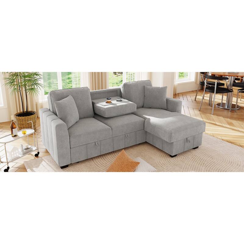 Roomfitters 90" L-Shaped Sectional Sleeper Sofa with Storage Chaise and Pull Out Bed, Fold Down Cup Holder Table