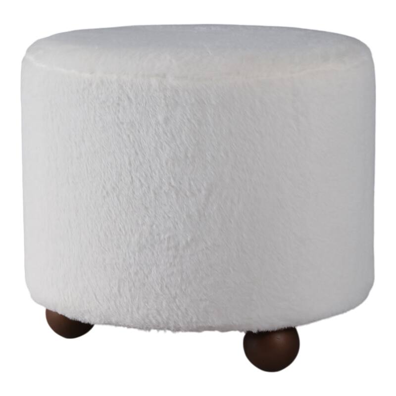 Wood Faux Fur Ottoman Ball Feet Luxury Pouf Footstool - 15" Ivory