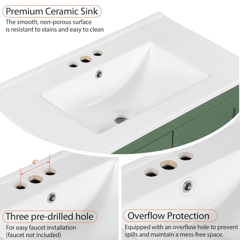 30"Green Bathroom Vanity with Single Sink,Combination Under Counter Sink, Bathroom Storage Cabinet with 2 Doors and a Drawer