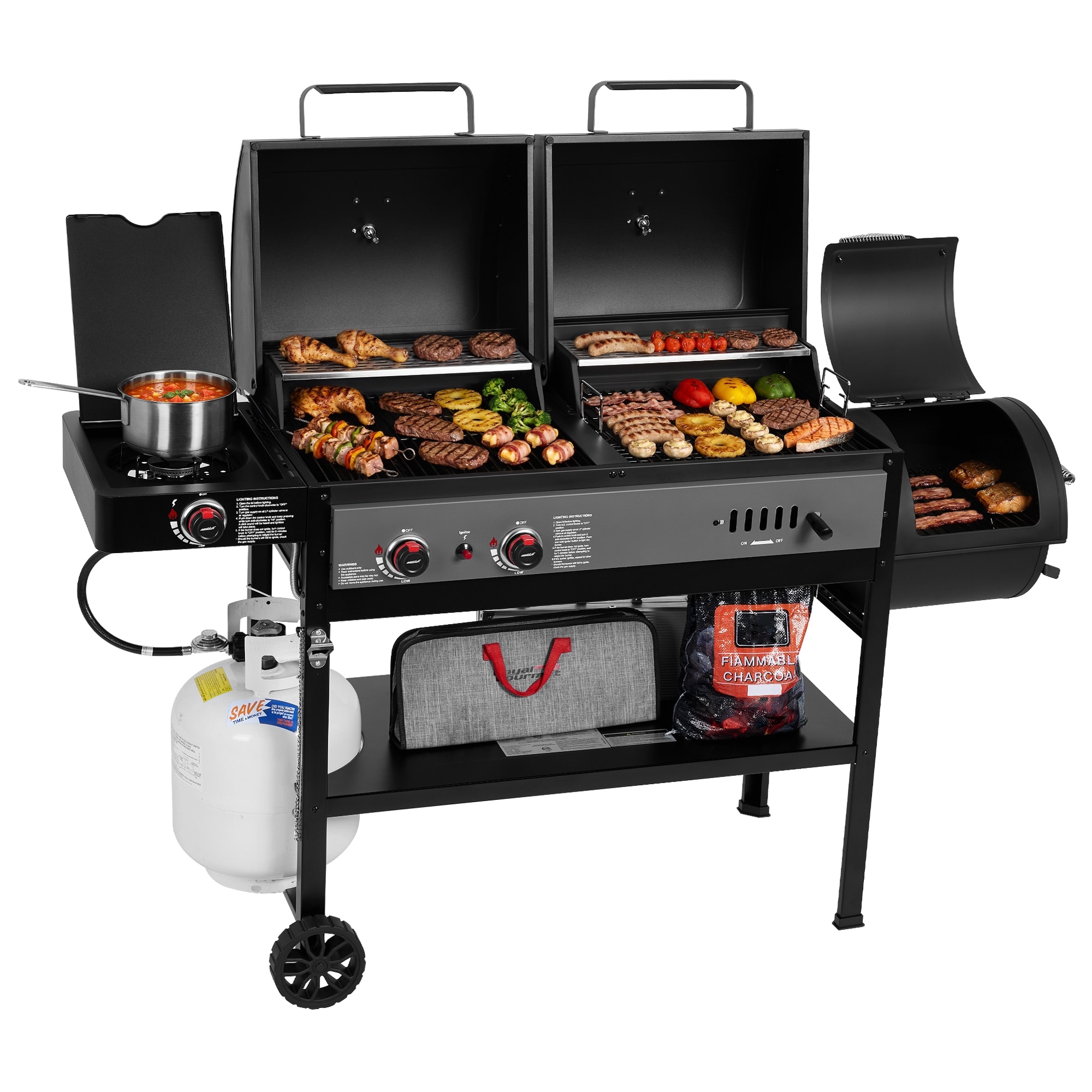 Royal Gourmet 2-Burner Dual-Fuel Gas Charcoal Grill Combo with Side Burner & Offset Smoker, Outdoor Backyard BBQ