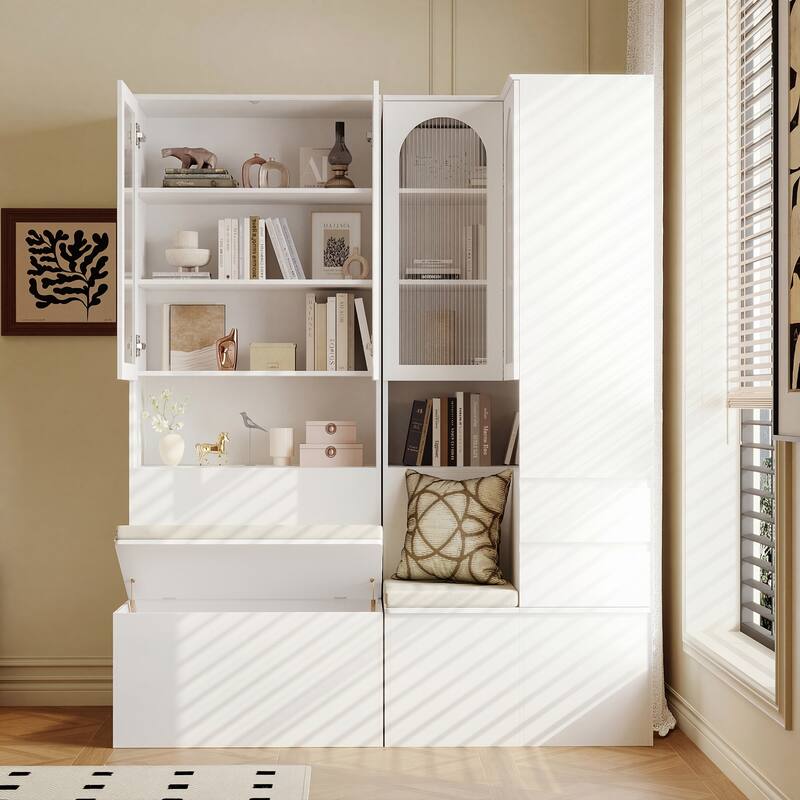 Entryway Cabinet Tempered Glass DoorsStorage Bench with Cushion, Modern Mudroom Hall Tree Organizer with Hidden Storage