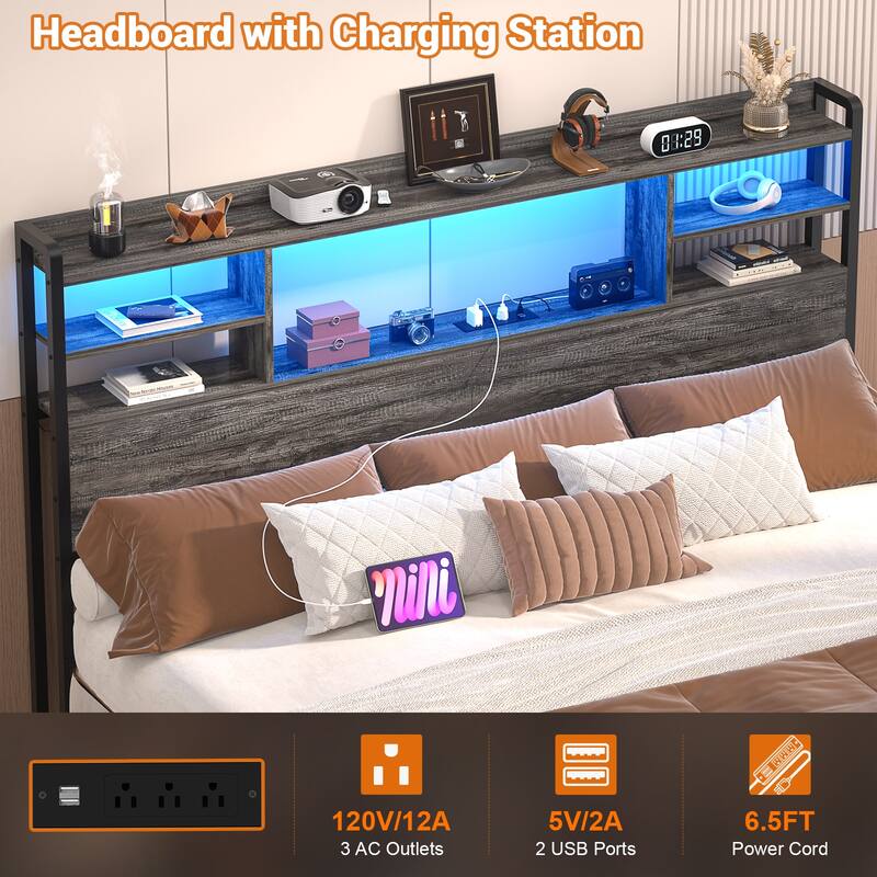 Storage Headboard with USB Port and Power Outlet, Head Board with LED Light for Bed Frame
