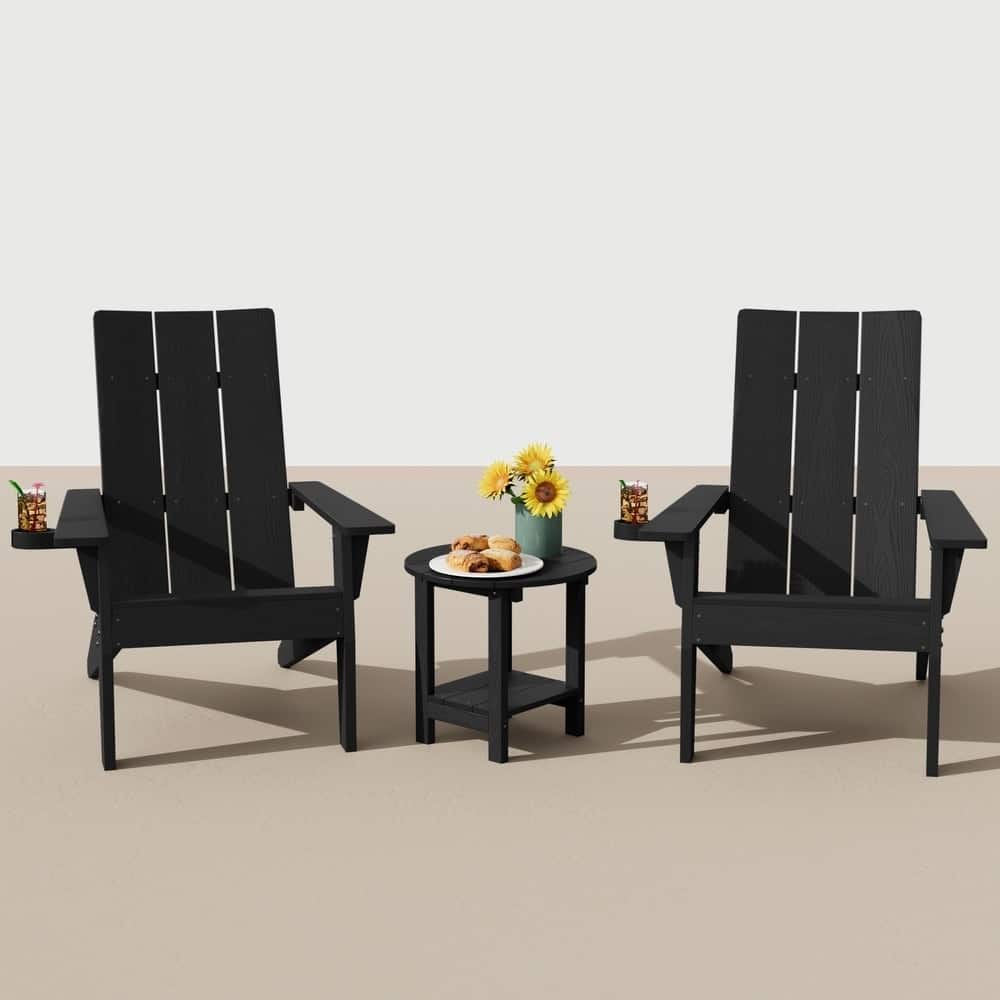 WINSOON 3-Piece All Weather HIPS Outdoor Cup Holder Adirondack Chairs and Table Set