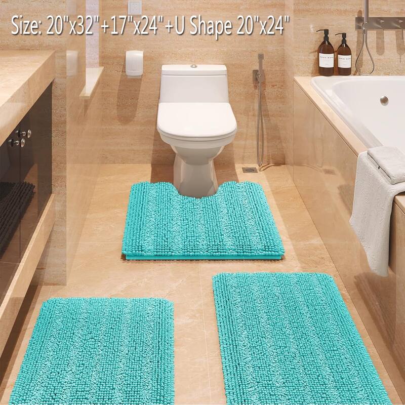 Ultra Soft Striped Non Slip Chenille Bathroom Rug Set 3 Pieces