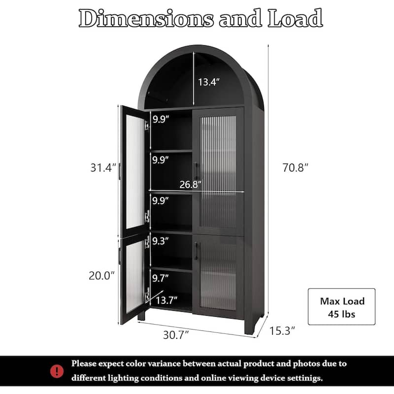 71" Tall Arched Cabinet with Glass Doors, Modern Farmhouse Arched Bookcase Storage with Shelves, Pantry Cabinet