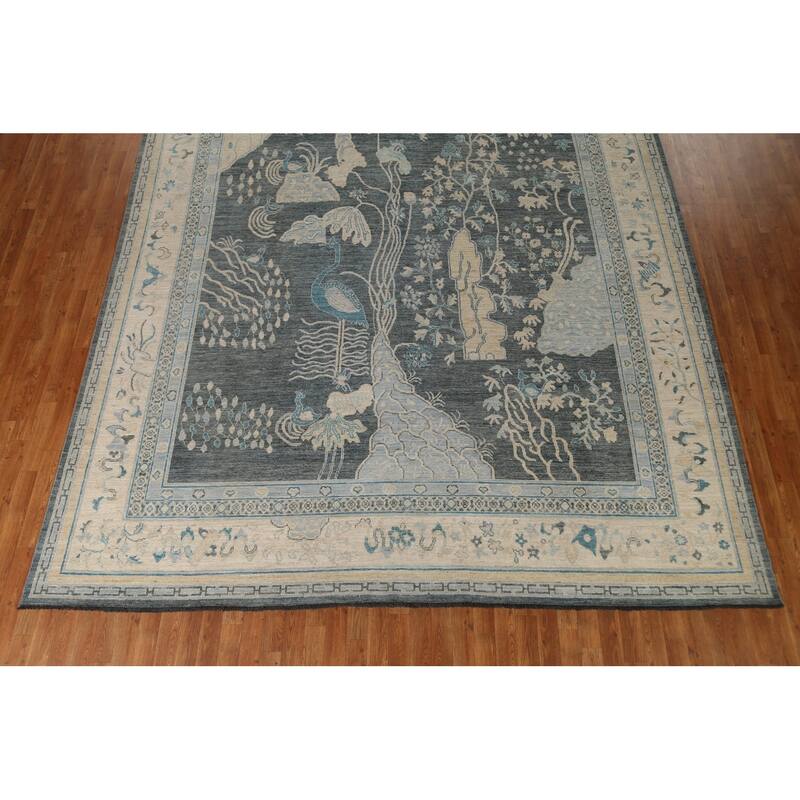 Hand Knotted Oriental 100% Wool Carpet Traditional Floral Greys & Charcoal Art Deco Area Rug - 14' 0'' X 9' 10''