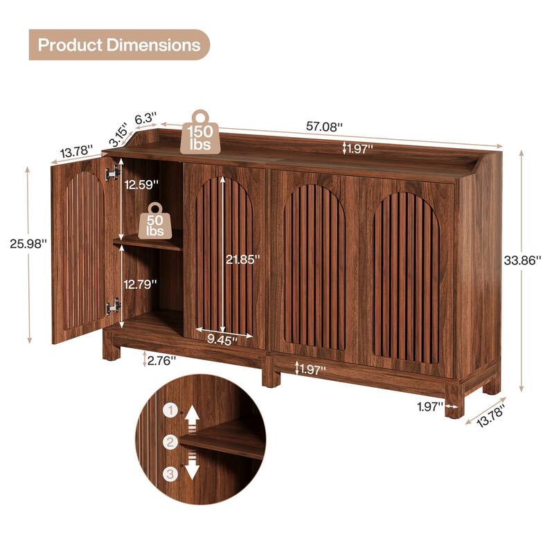 57" Farmhouse Sideboard Buffet - Brown Shutter Door Storage Cabinet