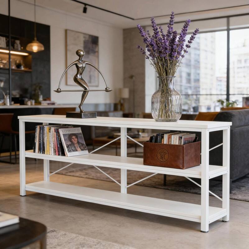 70.8" Rustic 3-Tier Sofa Console Table with Open Shelves and Metal Frame