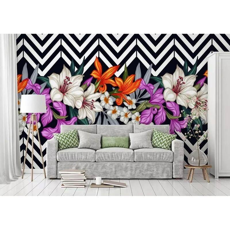 GK Wall Design Lily Flower Stripe Pattern Colorful Flowers Bohemian Removable Wallpaper