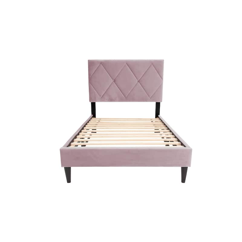 Adjustable Headboard Twin Bed with Velvet Upholstery and 12-Slat Support System