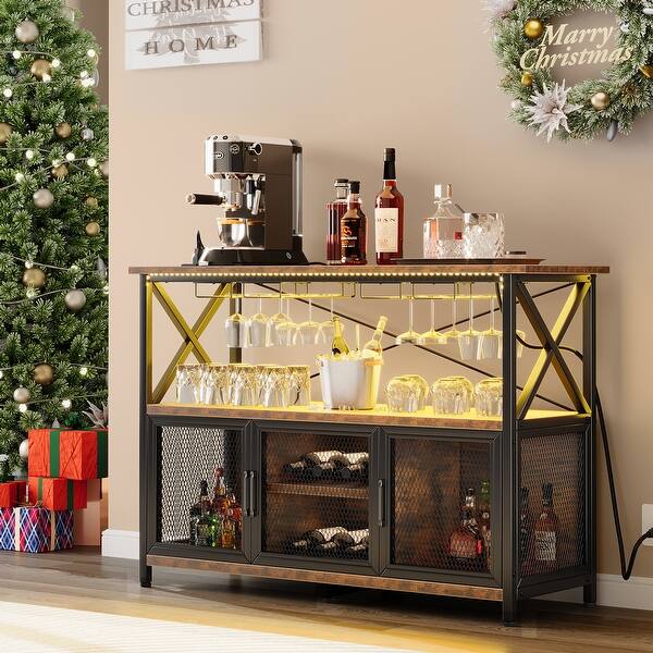 slide 2 of 7, Home Liquor Bar Sideboard Wine Storage Cabinet with Glass Holder and Power Outlets - 47.2"L x 15.7"W x33.4"H