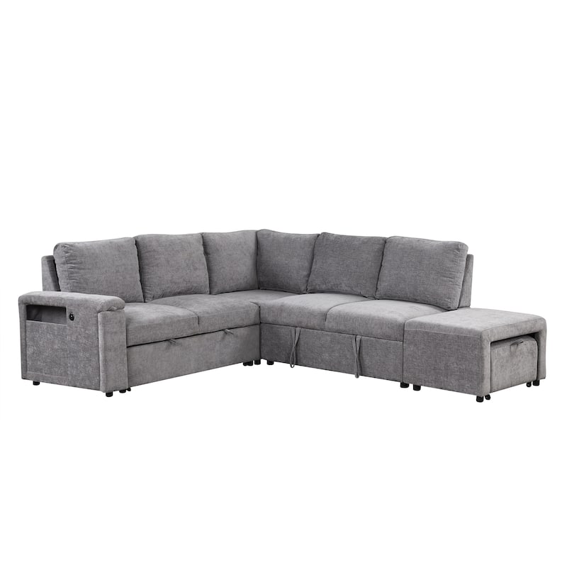 Grey 90.6'' L-Shaped 6-Seat Modular Sofa with Built-In Storage and USB Ports