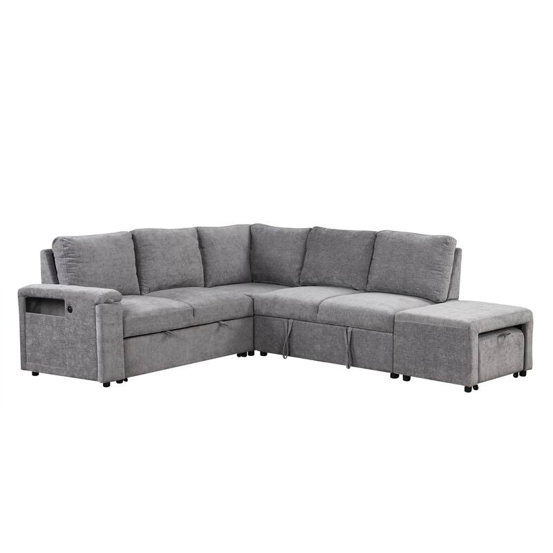 L-shaped Padded Modular Sofa with Storage Space, USB Ports, and Cup Holders on the Armrests, Suitable for Living Rooms - Gray