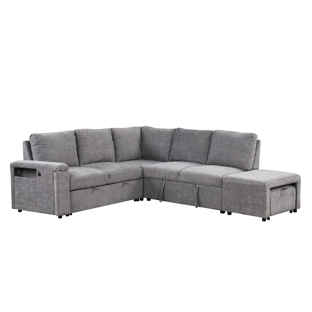 L-shaped Padded Modular Sofa with Storage Space, USB Ports, and Cup Holders on the Armrests, Suitable for Living Rooms