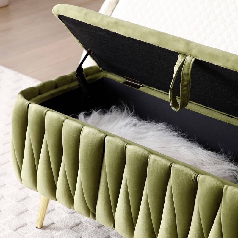 Oval Storage Bench with Gold Legs,Velvet Fabric Upholstered Ottoman Storage Benches for Bedroom End of Bed,Sherpa Fabric Bench