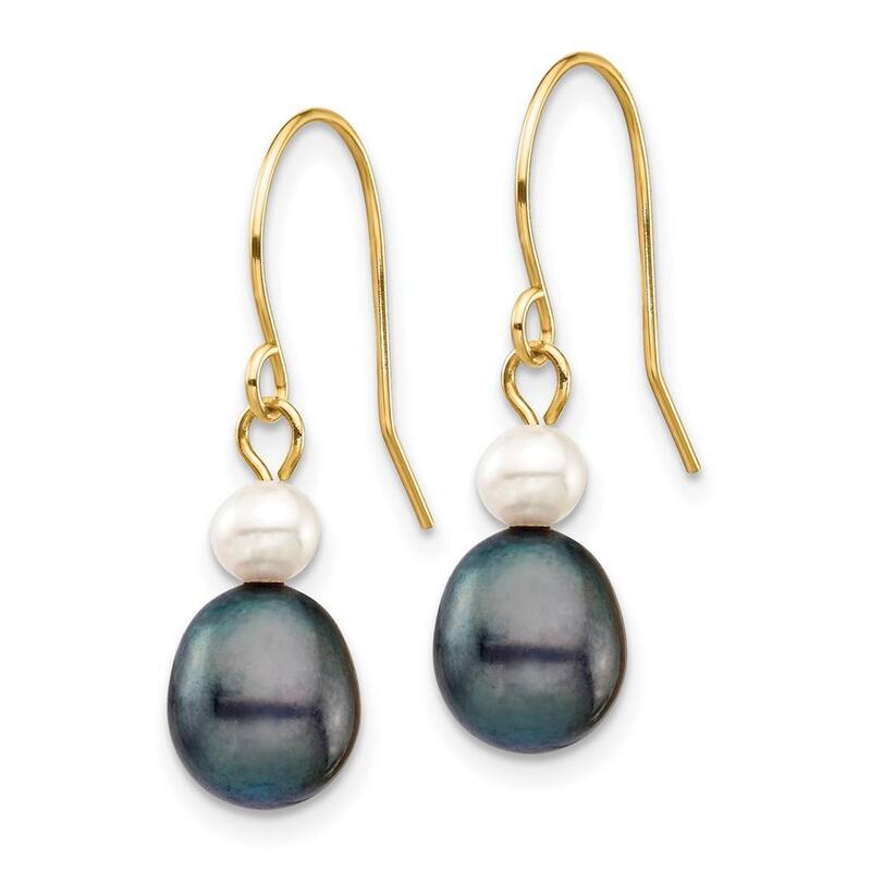 Curata 14k Yellow Gold 4-7mm White Black Round Rice Cultured Pearl Dangle Earrings (25mm)