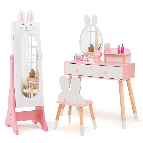 slide 2 of 20, Costway Kids Vanity Set Princess Makeup Dressing Table and Chair Set - See Details