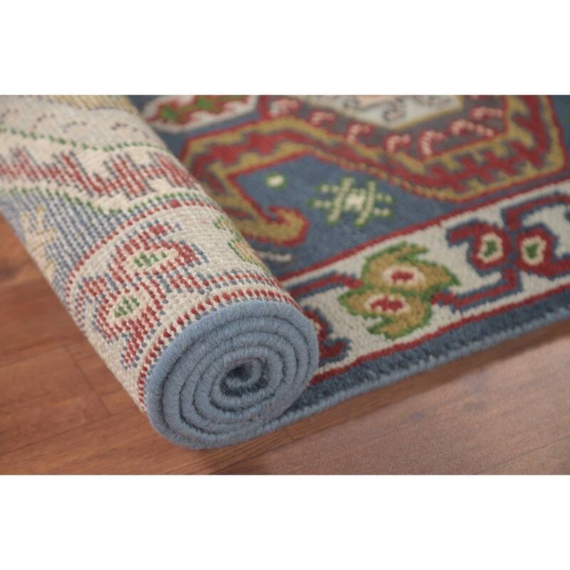 Geometric Blue Kazak Oriental Runner Rug Handmade Wool Carpet - 2'7"x 10'1"