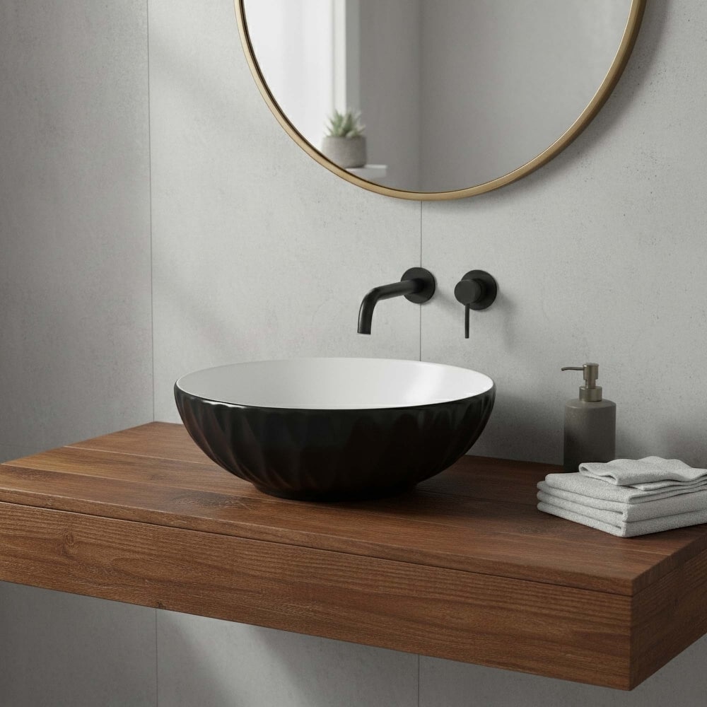 16 inch Round Ceramic Vessel Bathroom Sink - Modern Textured Bowl Design - 16" Round